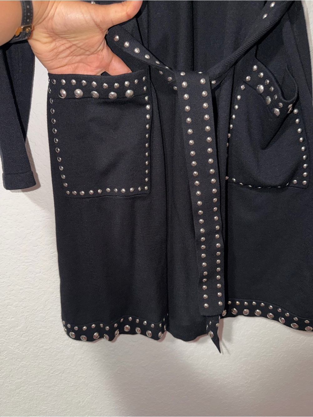 INC International Concepts Black Studded Open Cardigan with belt - Picture 4 of 6